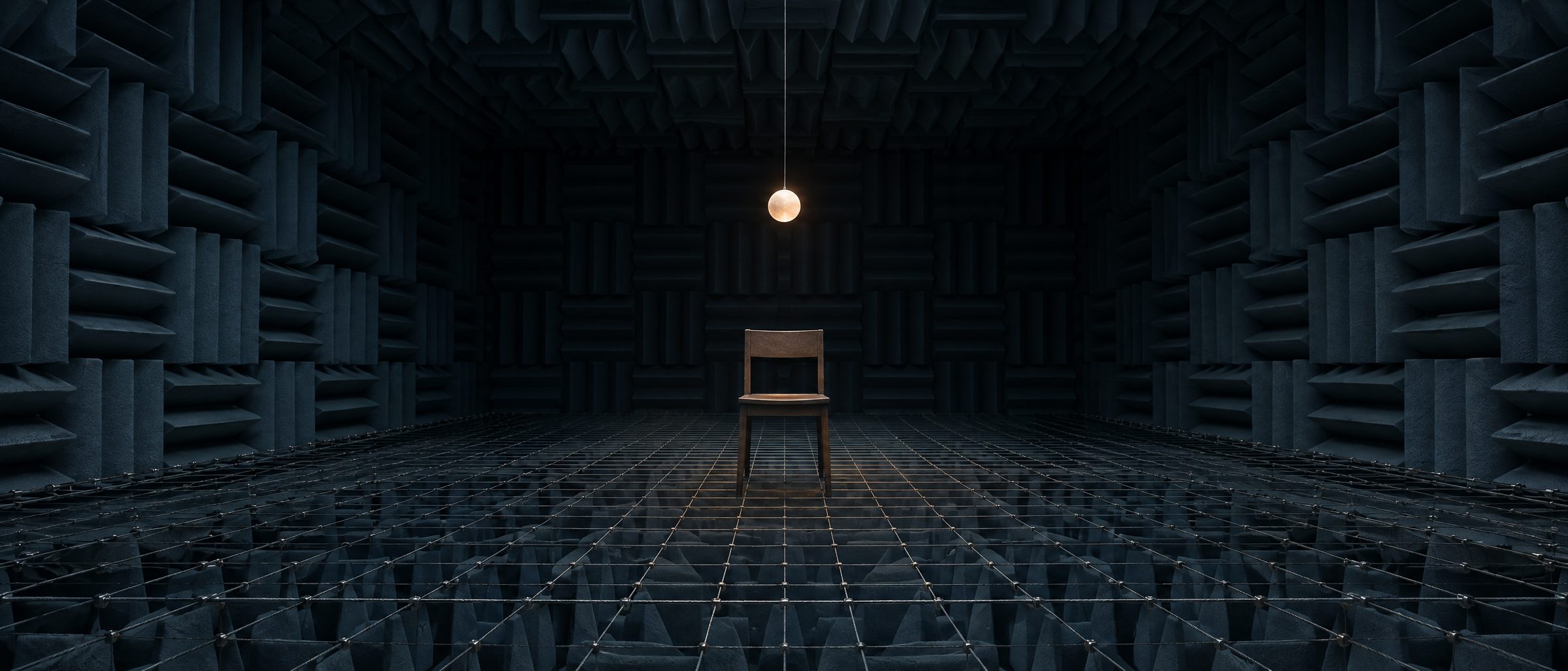 An empty chair in an anechoic chamber, under a single amber light